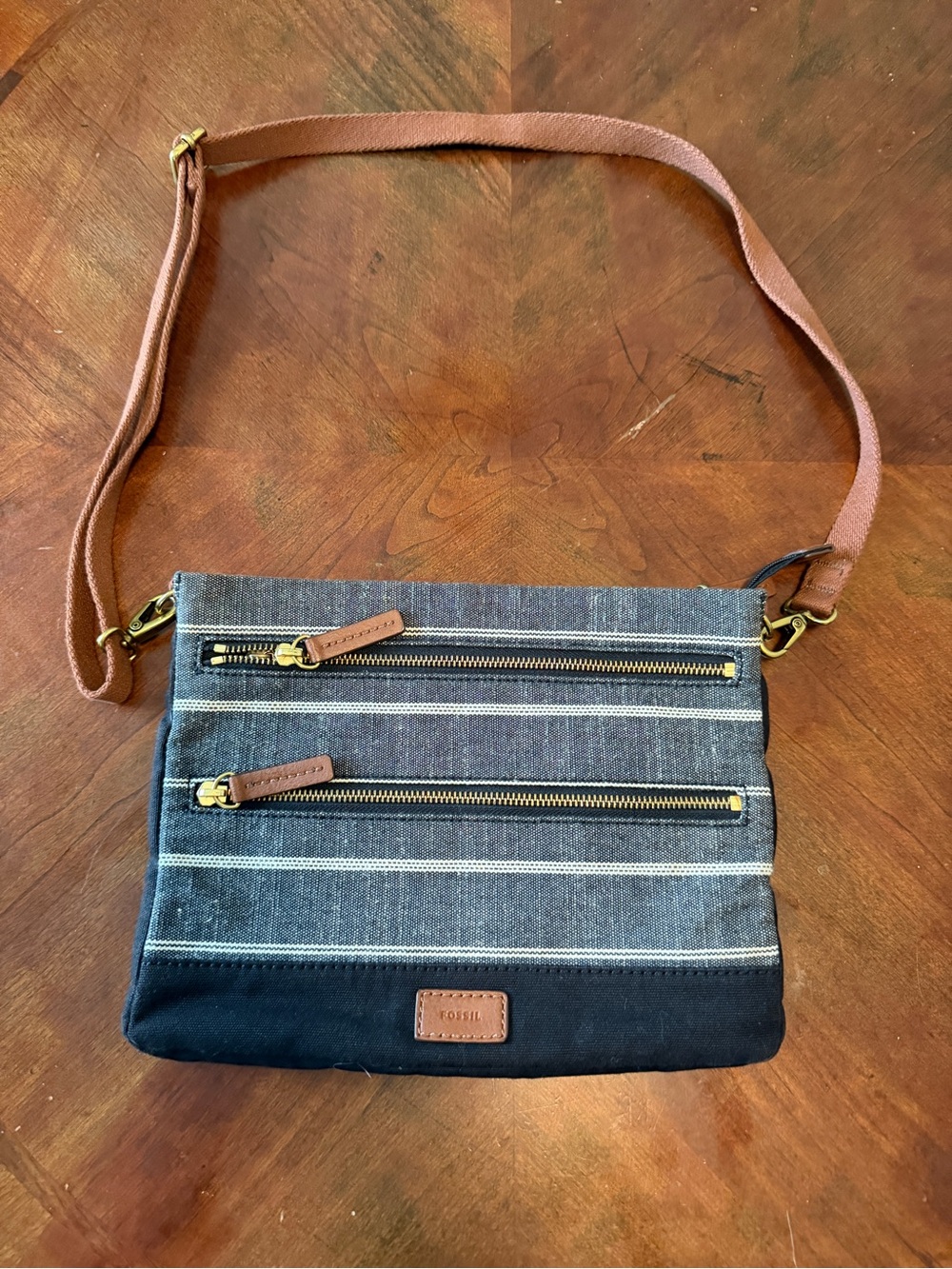 Fossil Kinley Crossbody Bag Gray Canvas Zipper Adjustable Leather Strap